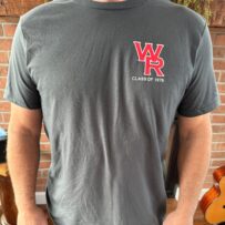 WRHS '76 T-shirt Model is 5'8" and weighs 180 lbs. He is wearing a LARGE t-shirt